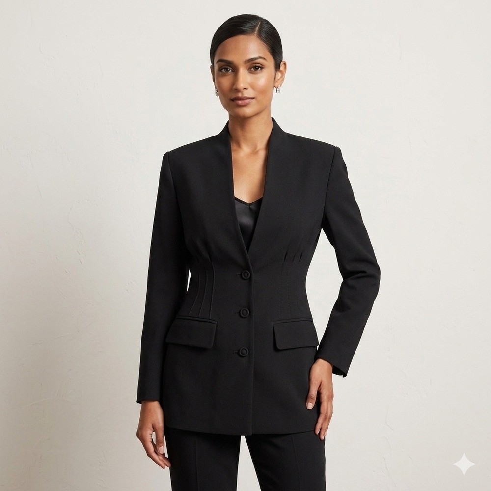 Casual‎ Corner Black Hourglass Blazer Cinched Waist V-Neck Jacket Womens Size 4